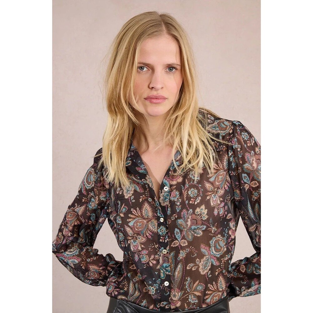 MOLLY BRACKEN Woven Shirt Women M Blue Paisley Metallic Thread Flowy Silky